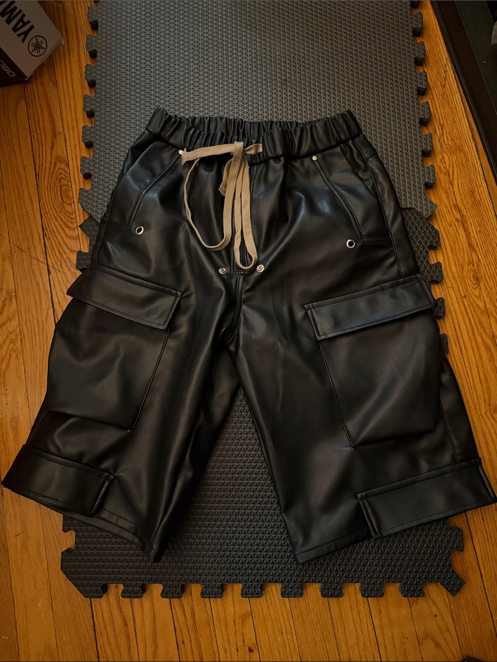 Yamaha Black Faux Leather Cargo Shorts with Flap Pockets
